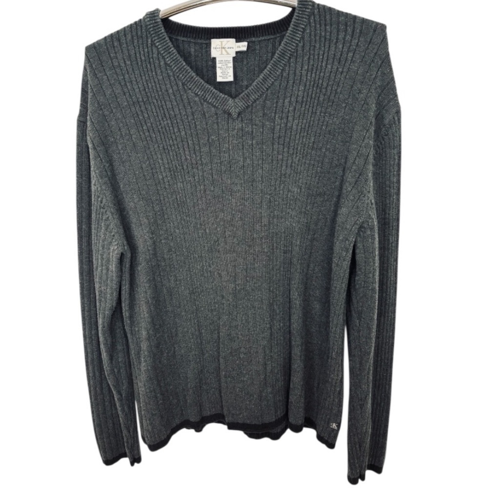 Calvin Klein Grey Ribbed Long Sleeve Pull Over V-Neck Men’s Sweater Size XXL